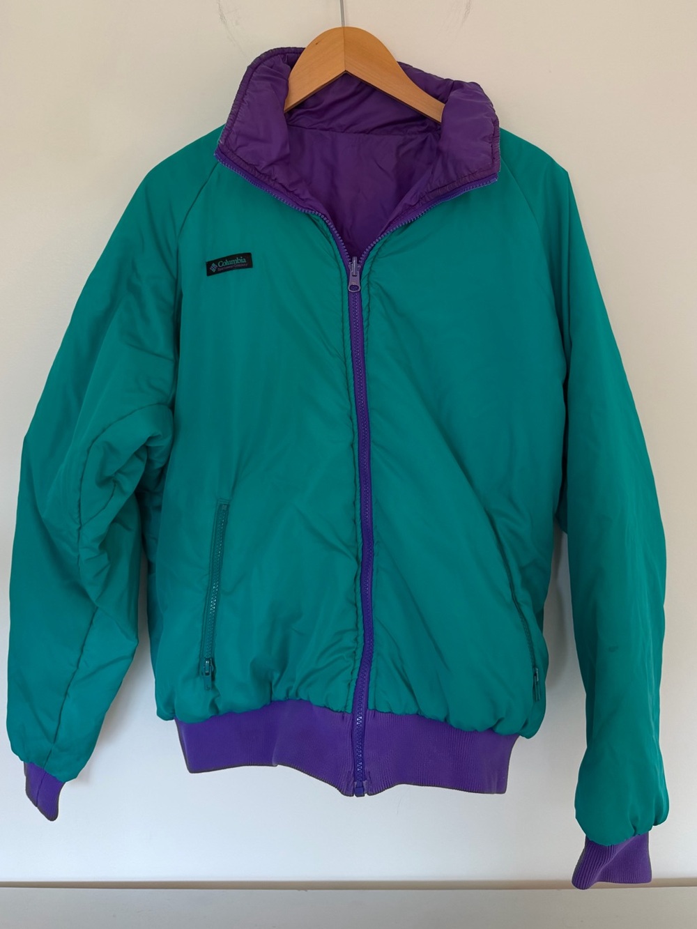 Vintage Columbia Reversible Teal Purple Colorblock Puffer Ski Jacket 80s 90s Med